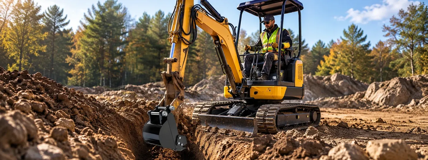 1.8 ton mini excavator with general excavation bucket working on a trenching jobsite.